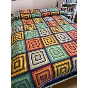 Log Cabin Quilt Twin / Full 64x88 Earth Tone Machine Pieced Hand Quilted Vintage